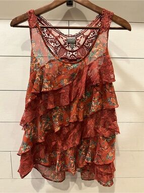 Vanity Women’s Floral Ruffle Tank Top - Rust Red-size Large